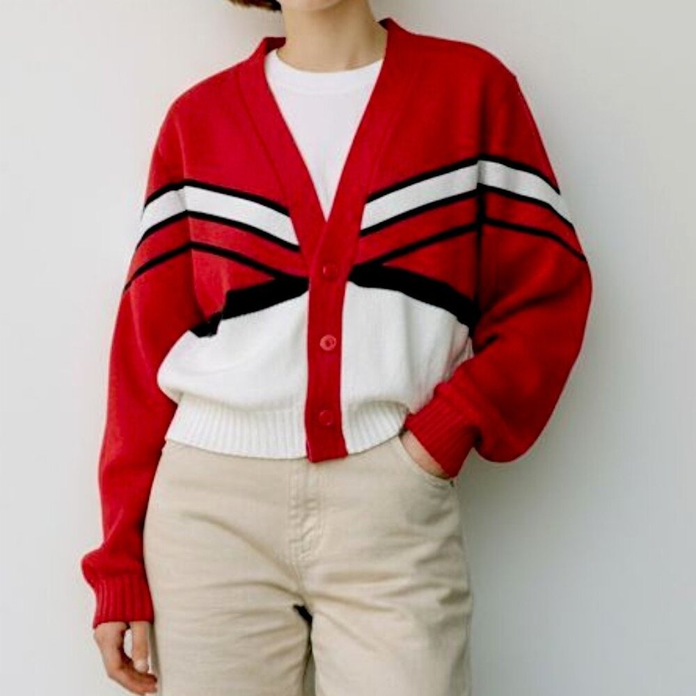 90s Cheerleader Cardigan Sweater‎ Red Varsity Academic Preppy Red Sz M Chunky